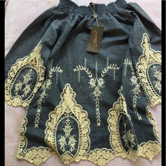 Tops - NWT denim and lace off the shoulders blouse.